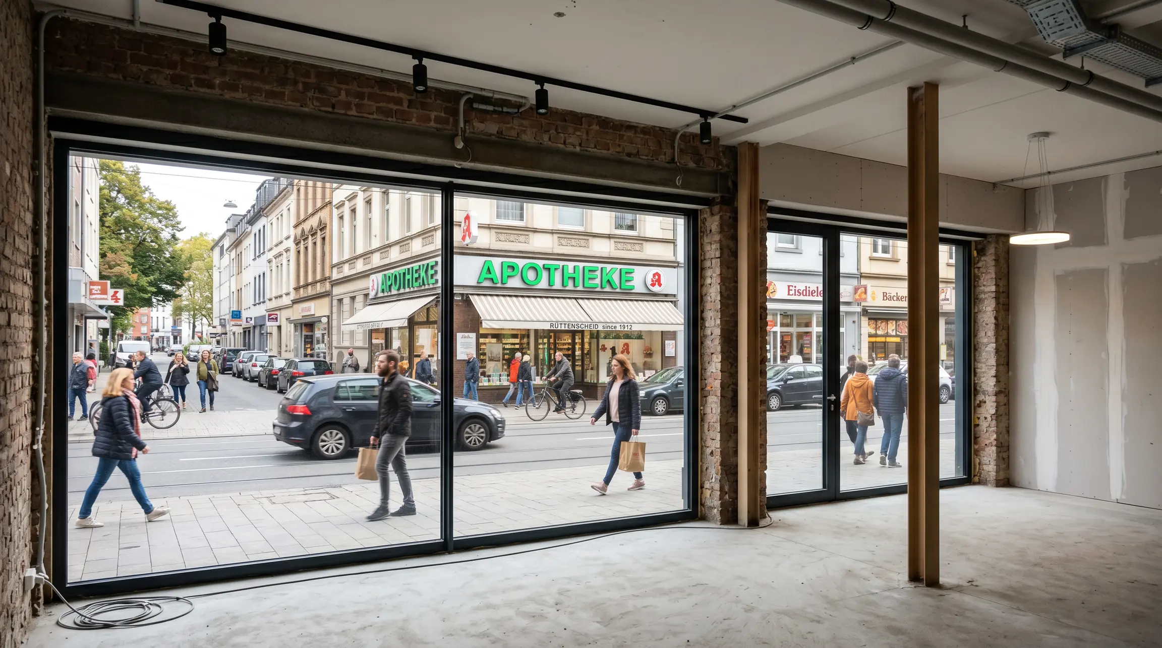 Ein Blick aus potenziellen Praxisräumen auf eine belebte Straße mit einer benachbarten Apotheke, die die Mikroanalyse der Sichtbarkeit illustriert.
